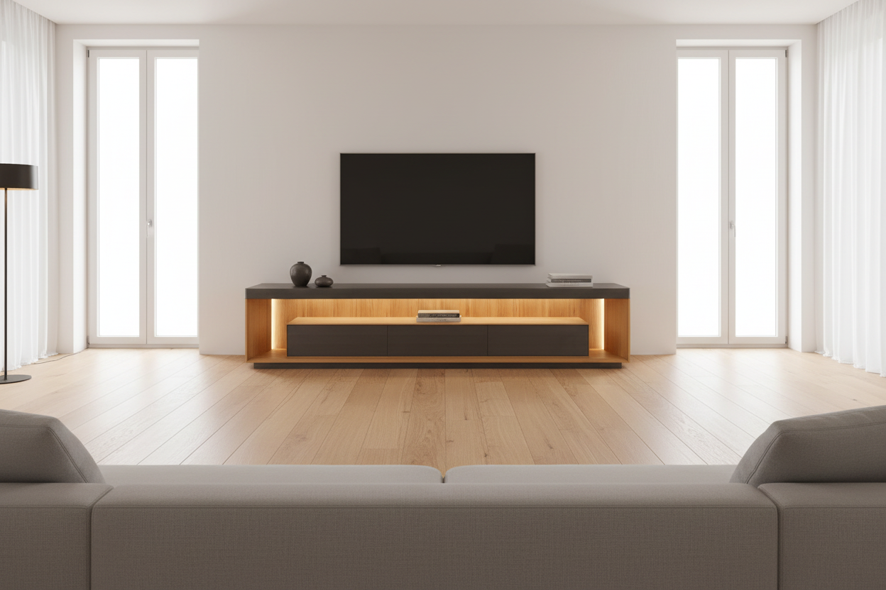 Solstice Media Console in luxury modern living room with wall-mounted TV above and warm LED glow