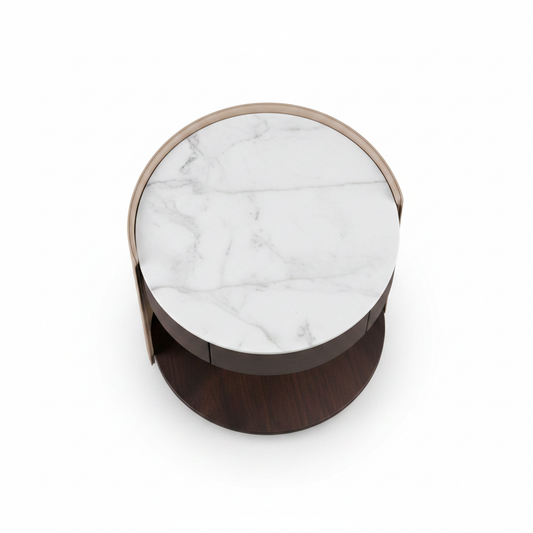 Top view of round cylindrical dark espresso wood bedside table showing white marble circular top