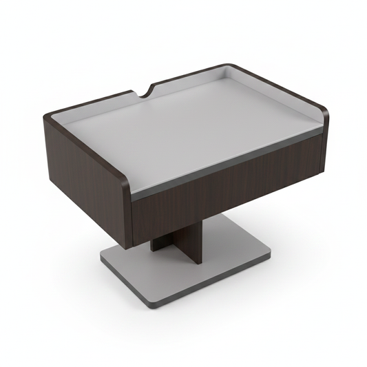 Top view of grey brushed metal side table showing raised lip and slot tray detail