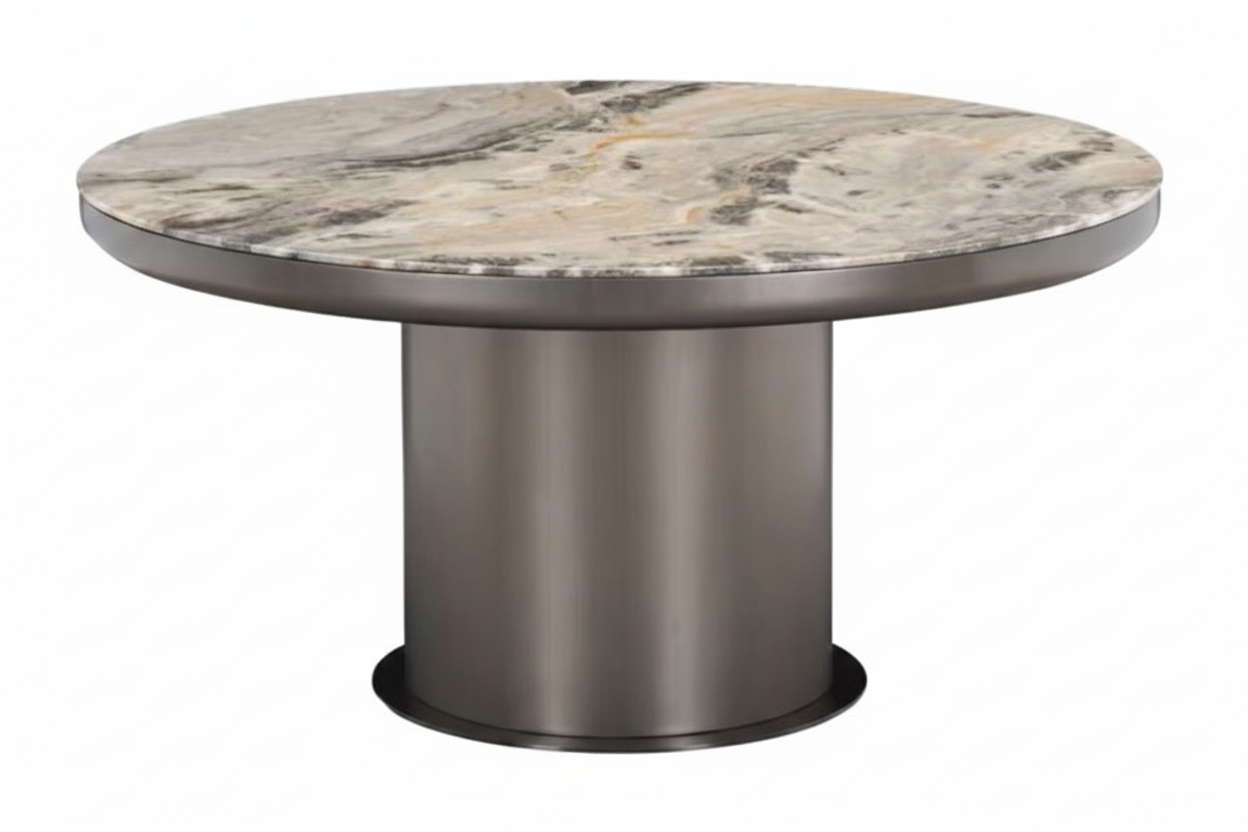 Beige Marble Cylinder Pedestal Table – 45° Elevated View