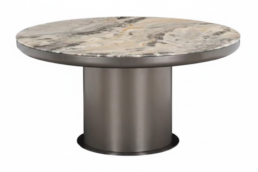 Beige Marble Cylinder Pedestal Table – 45° Elevated View