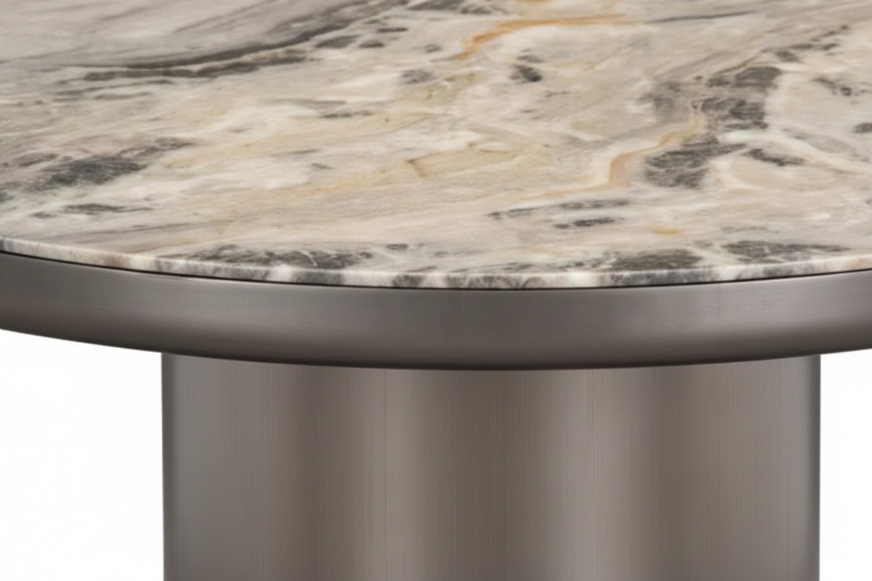 Beige Marble Cylinder Pedestal Table – Close-Up Detail
