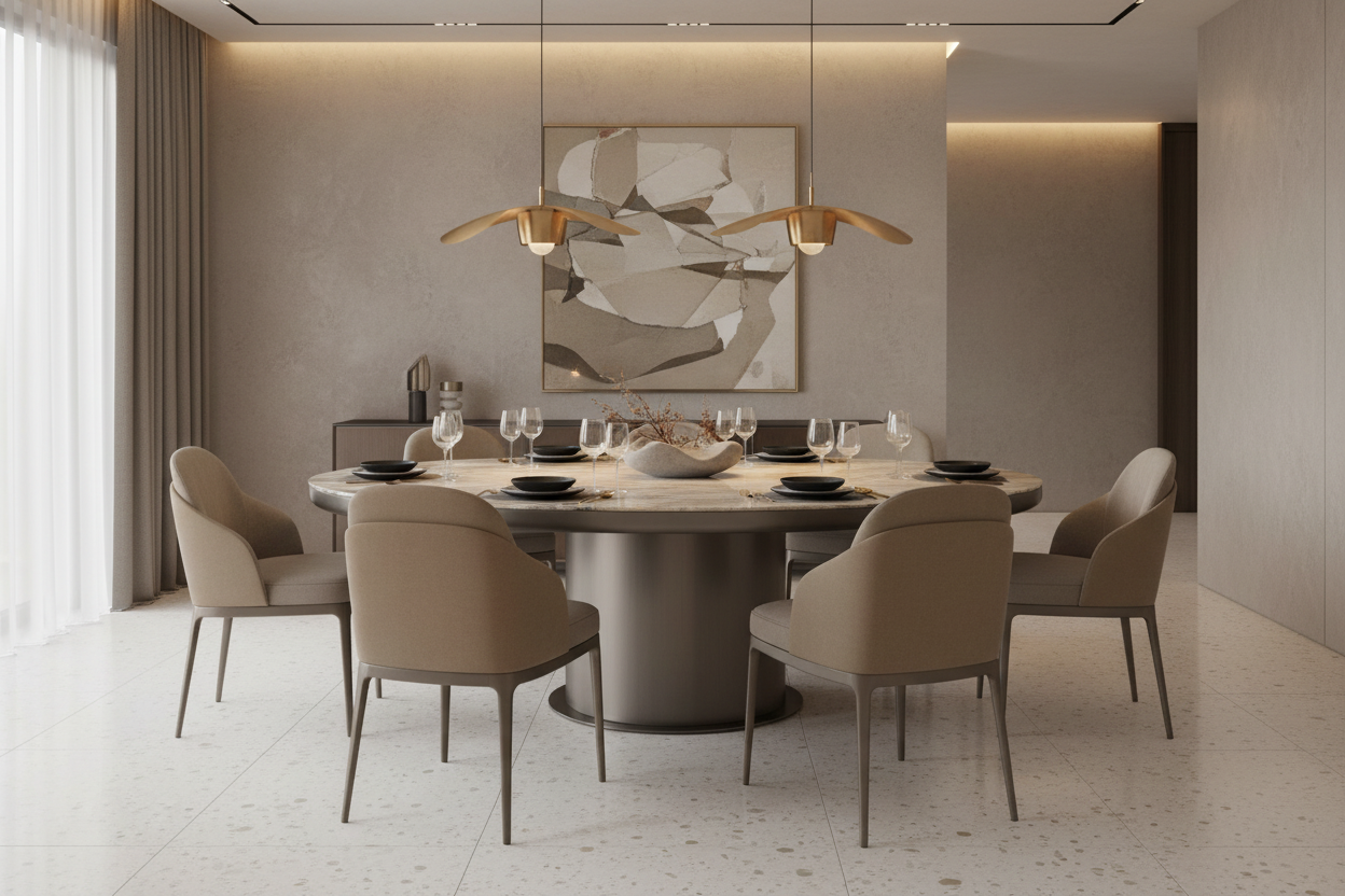 Beige Marble Table with Dining Chairs – Lifestyle