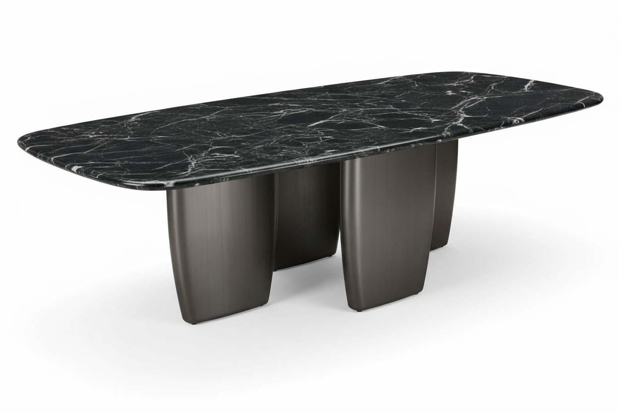 Black Marble Oval Triple Pedestal Table – 45° Elevated View