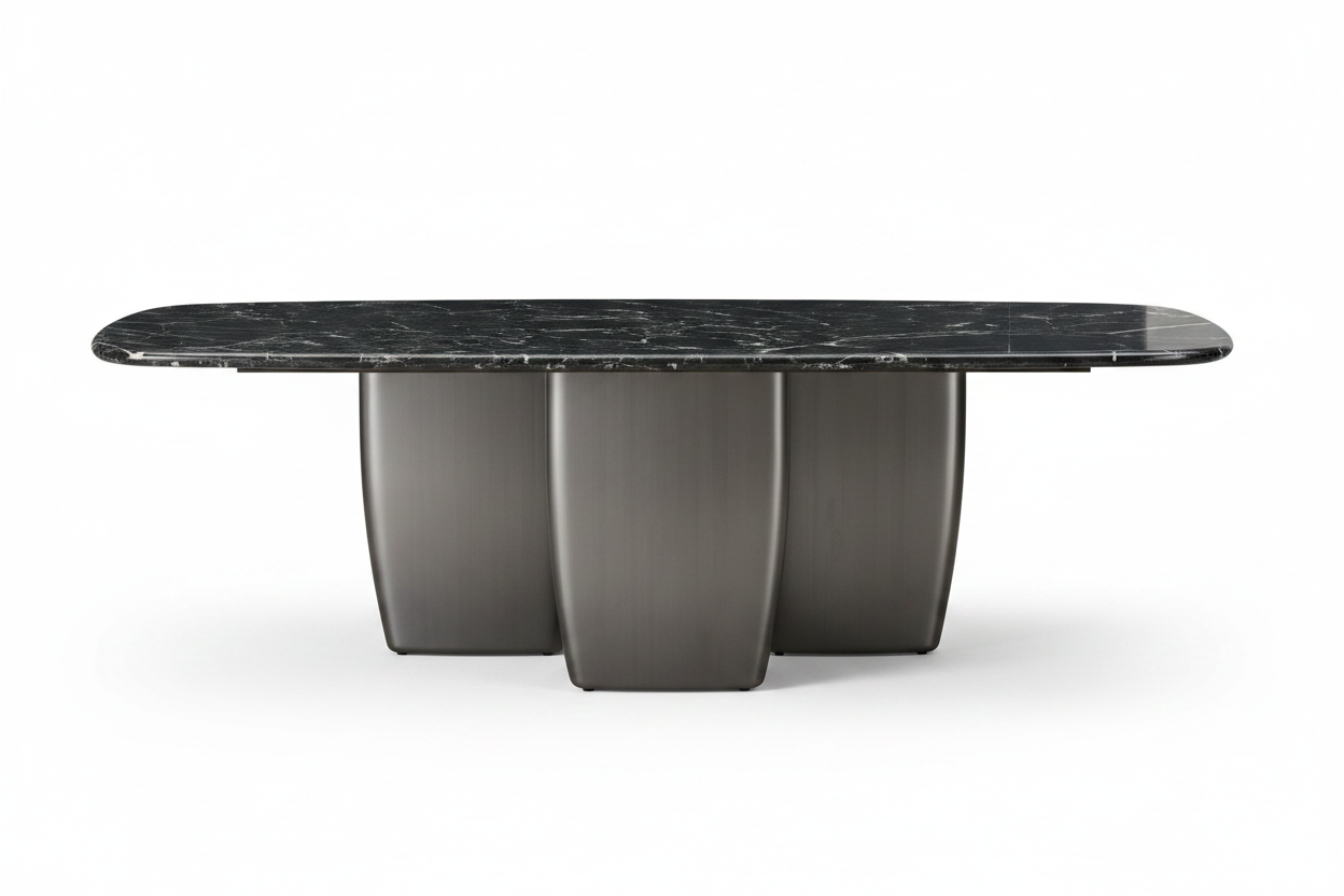 Black Marble Oval Triple Pedestal Table – Front View