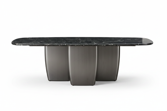 Black Marble Oval Triple Pedestal Table – Front View