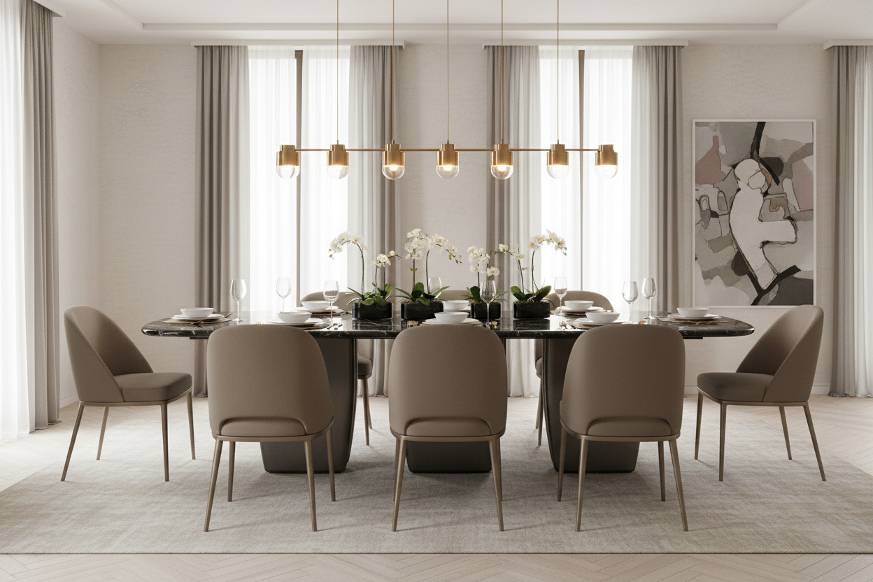 Black Marble Oval Triple Pedestal Table – With Chairs