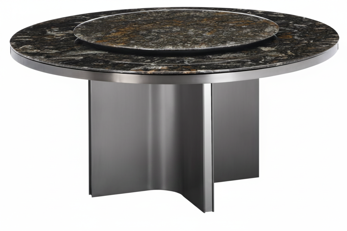 Brown Marble Lazy Susan Cross-Base Table – 45° Elevated View