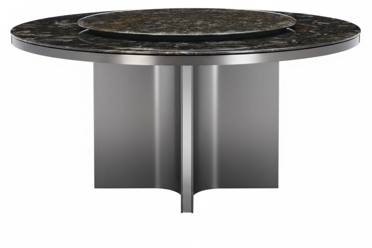 Brown Marble Lazy Susan Cross-Base Table – Side Profile View