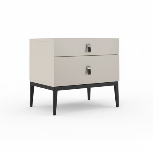 Top view of cream matte bedside table with square silver handles on dark espresso wood legs