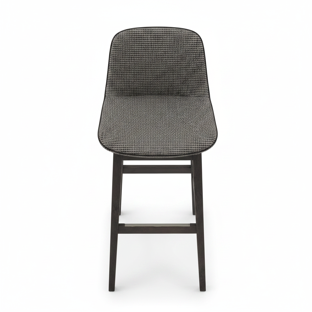 Top view of dark charcoal woven fabric bar stool with dark espresso wood frame