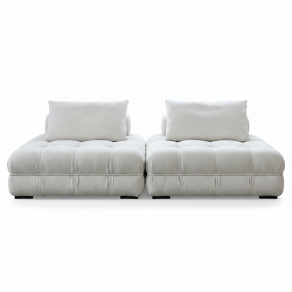 Two-module cream boucle tufted modular sofa front view on white background