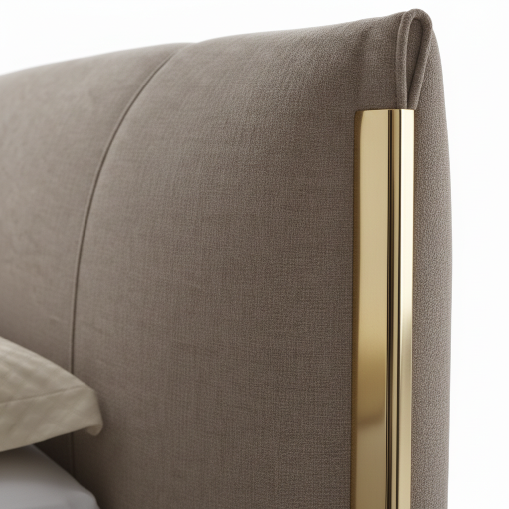 Close-up of brushed brass vertical accent trim on Aurel Bed Frame headboard