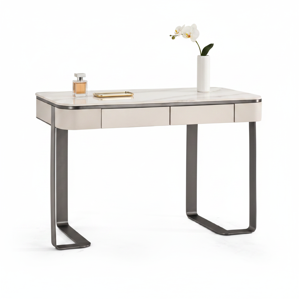 Pietra dressing table styled with perfume and orchid accessories