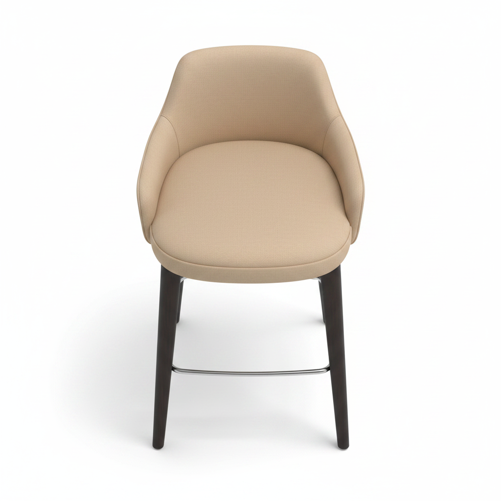 Top view of beige fabric armed bar stool with dark espresso wood frame