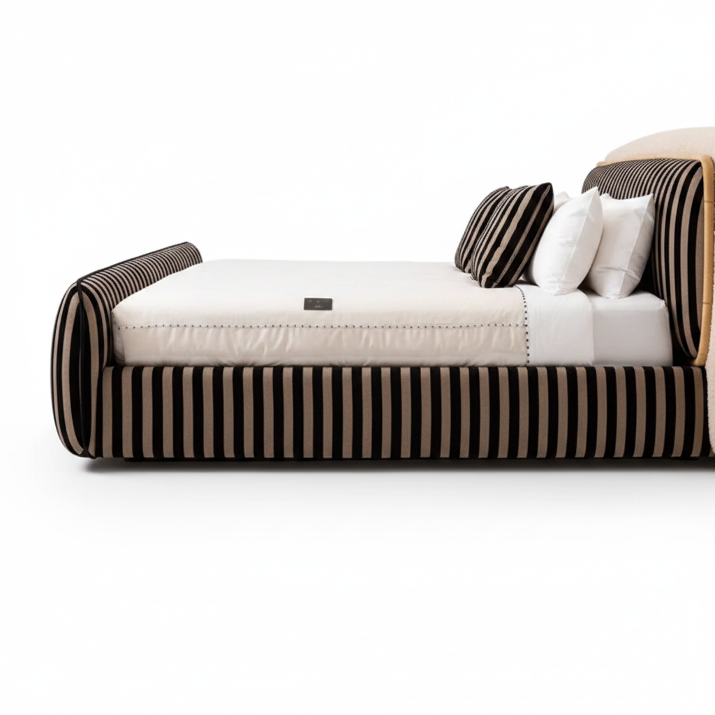 Rigato king bed — side profile showing curved striped rails