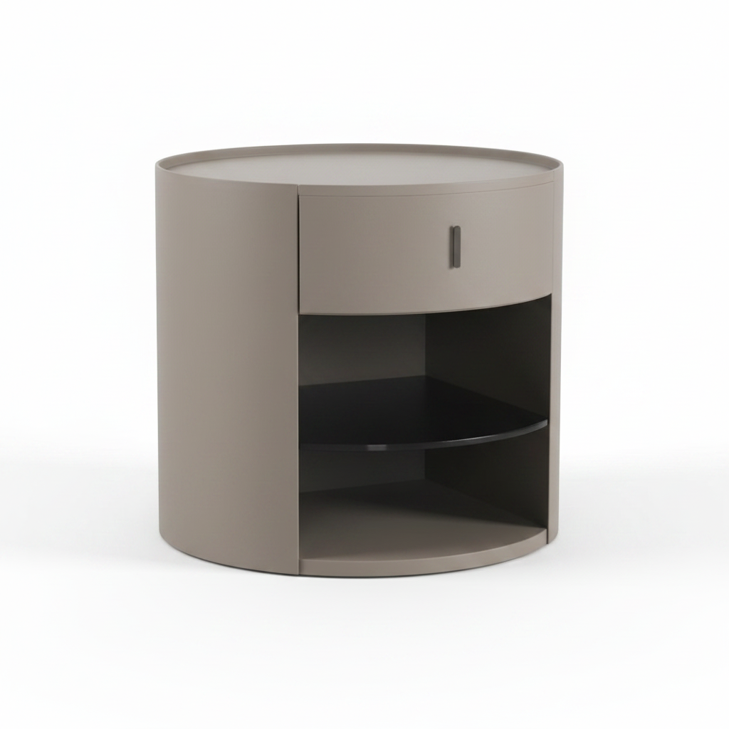 Side view of warm taupe cylindrical bedside table with drawer and open curved shelf
