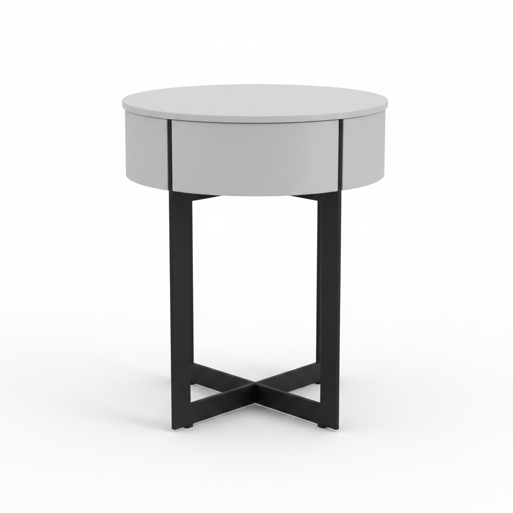 Back view of light grey matte round cylindrical bedside table on black X-cross metal base