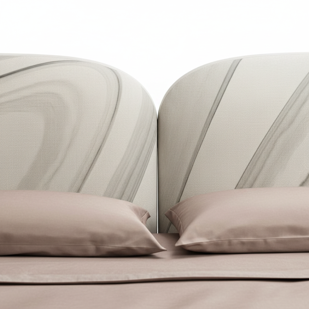 Vela king bed — close-up swirl print headboard detail