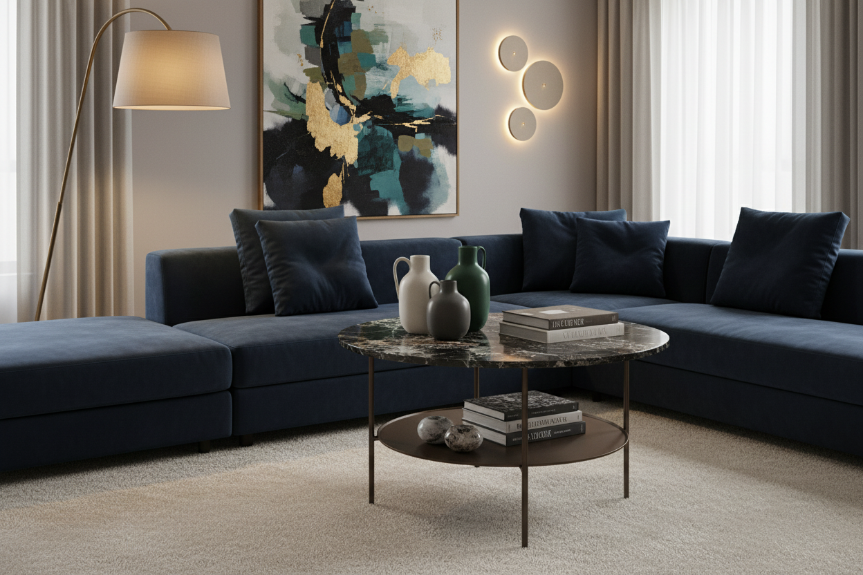 Strato Coffee Table as centrepiece in a sophisticated modern living room with dark velvet sofa