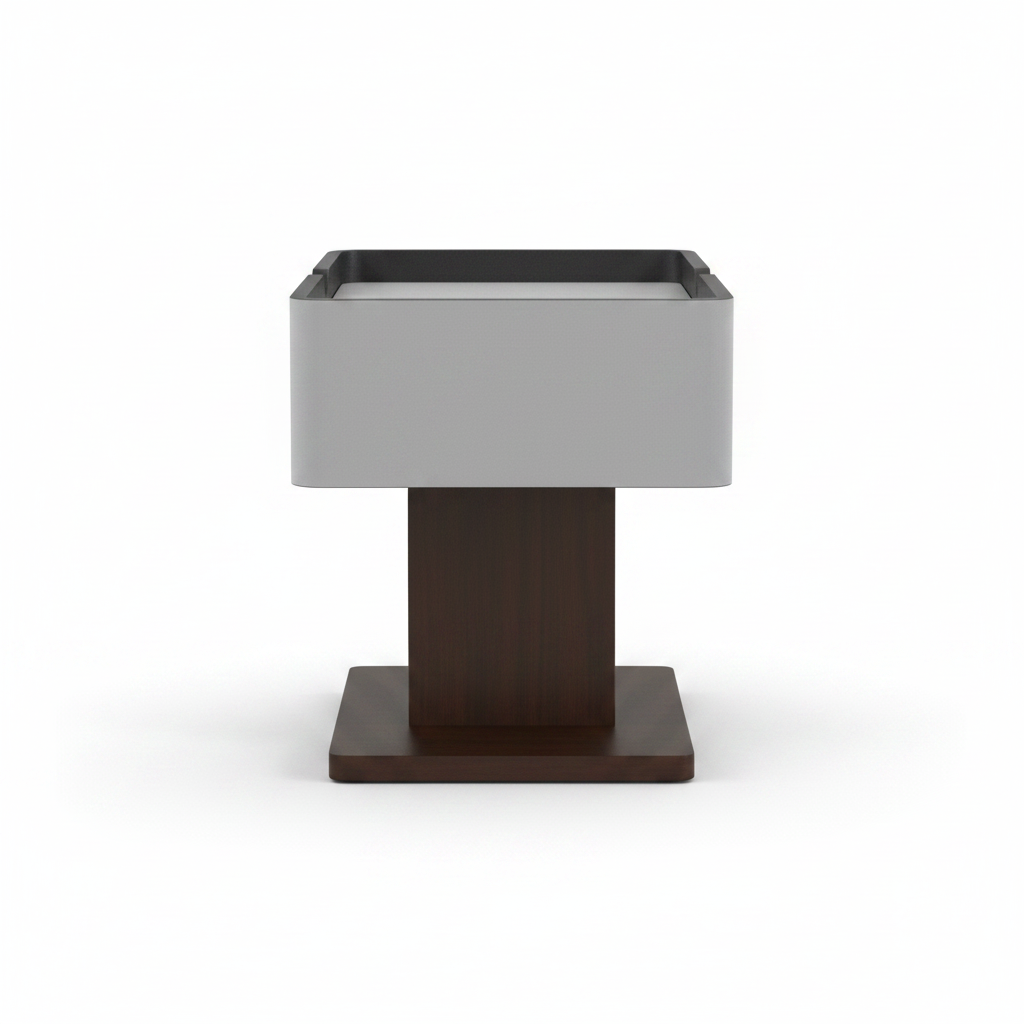 Side view of grey metal top side table with dark espresso wood pedestal and flat base