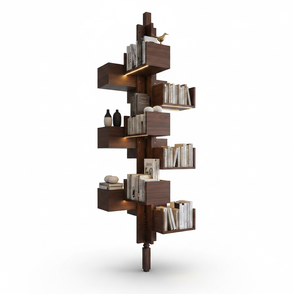 Arbor Rotating Bookshelf styled with curated books and ceramic objects in each compartment