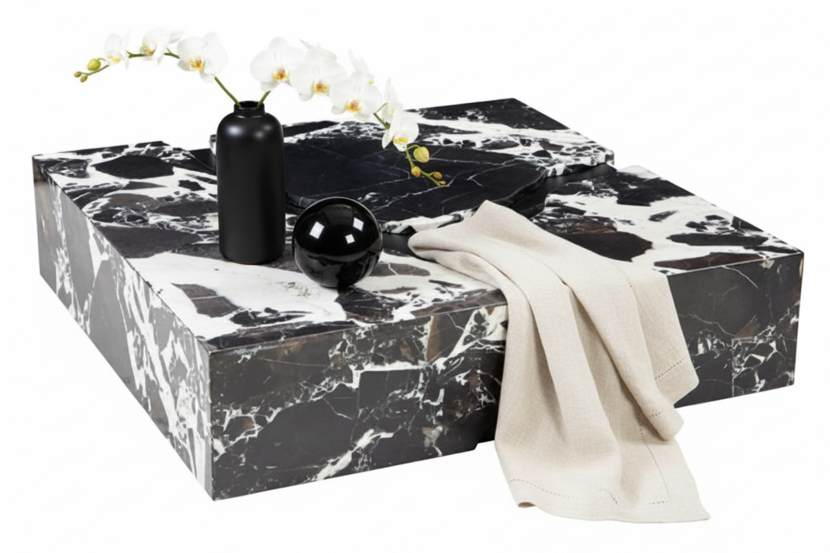 Quarum Four-Block Marble Coffee Table styled with accessories