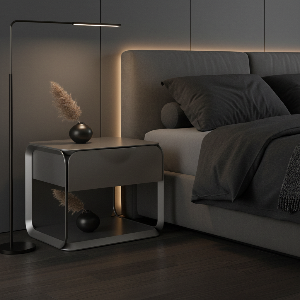 Polished gunmetal stainless steel rounded bedside table styled in a luxury modern bedroom