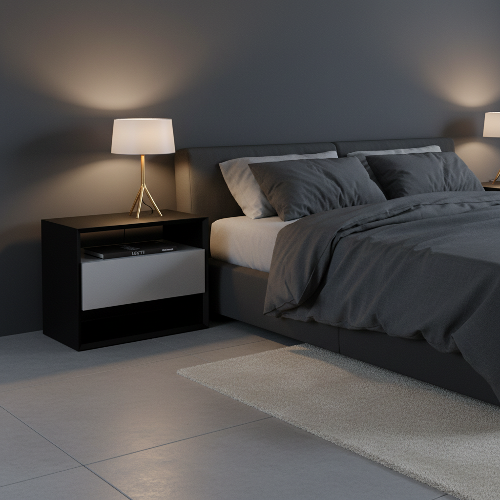 Matte black frame silver drawer bedside table styled in a luxury modern bedroom