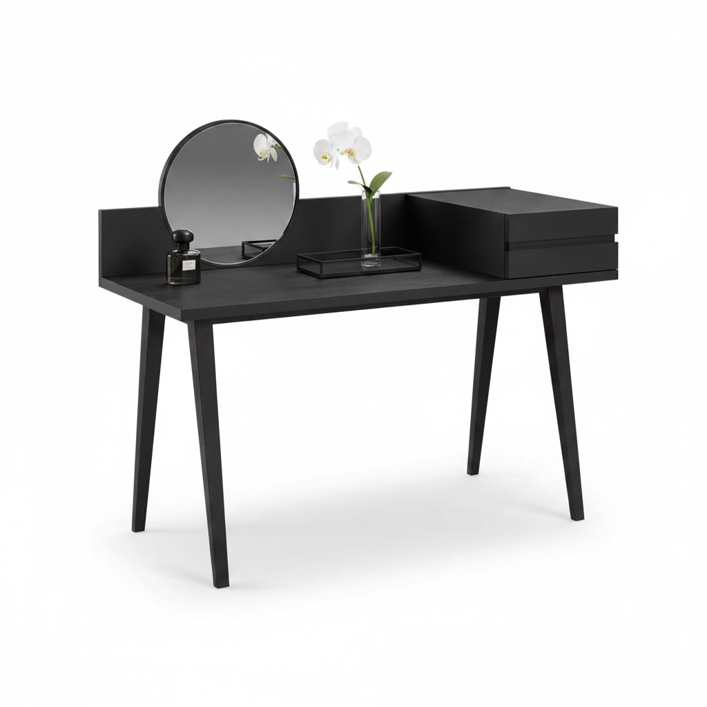 Noir dressing table styled with perfume and orchid accessories