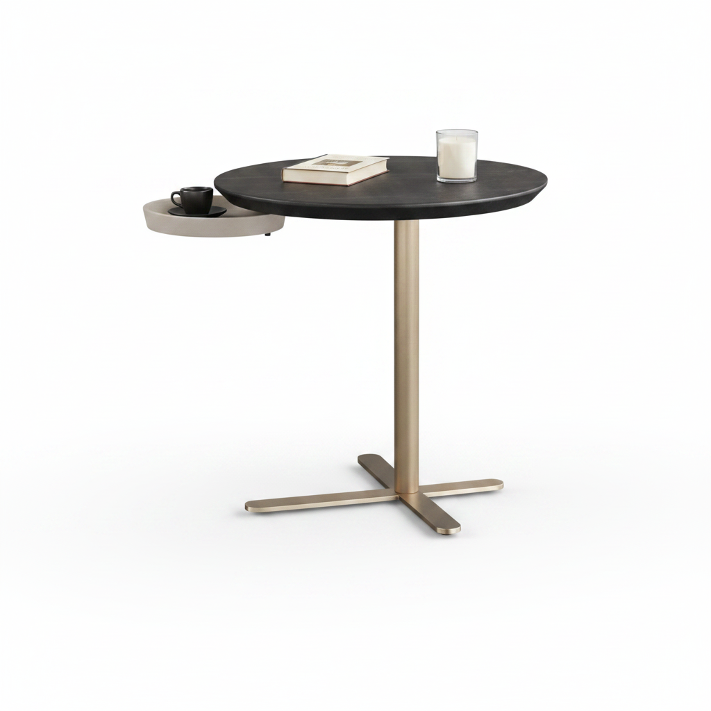Pario Side Table styled with espresso cup in side tray, book and candle on main top