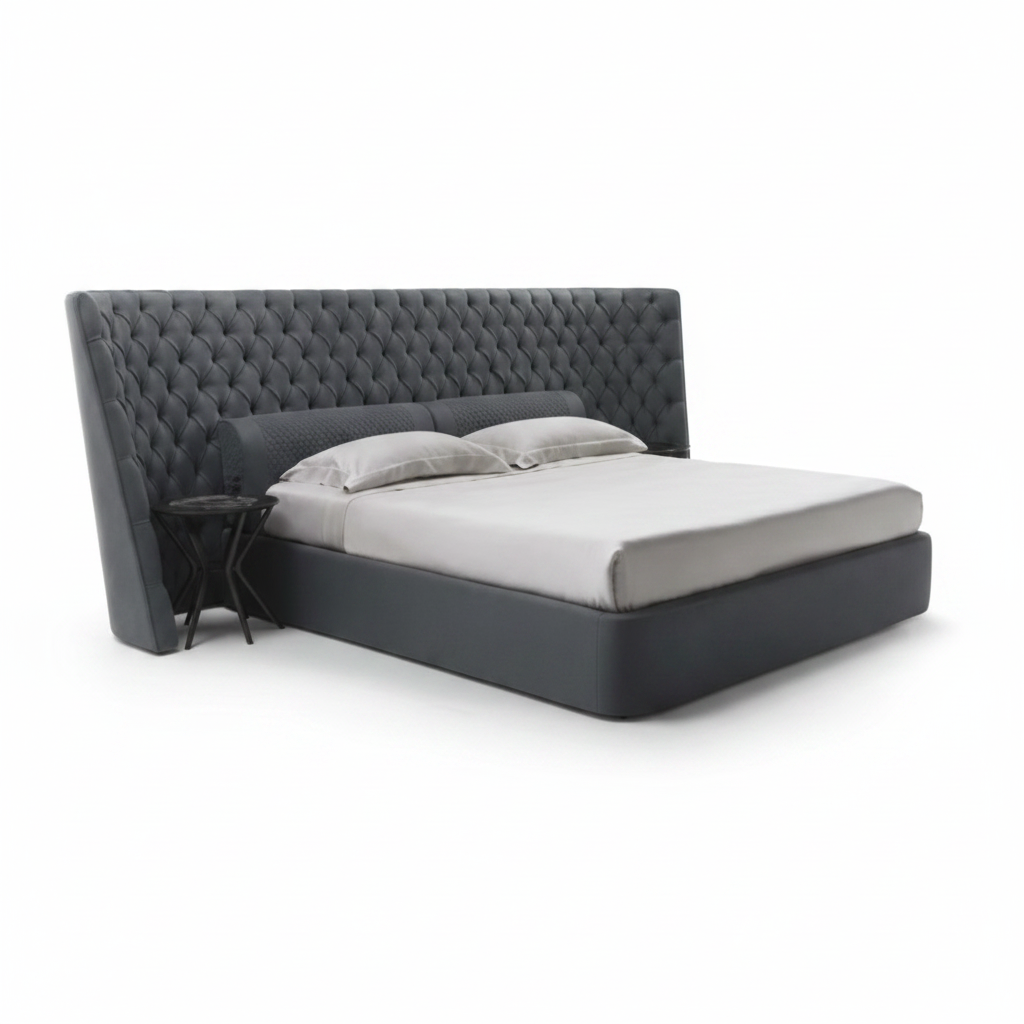 Nocte button-tufted upholstered bed in charcoal grey, side view