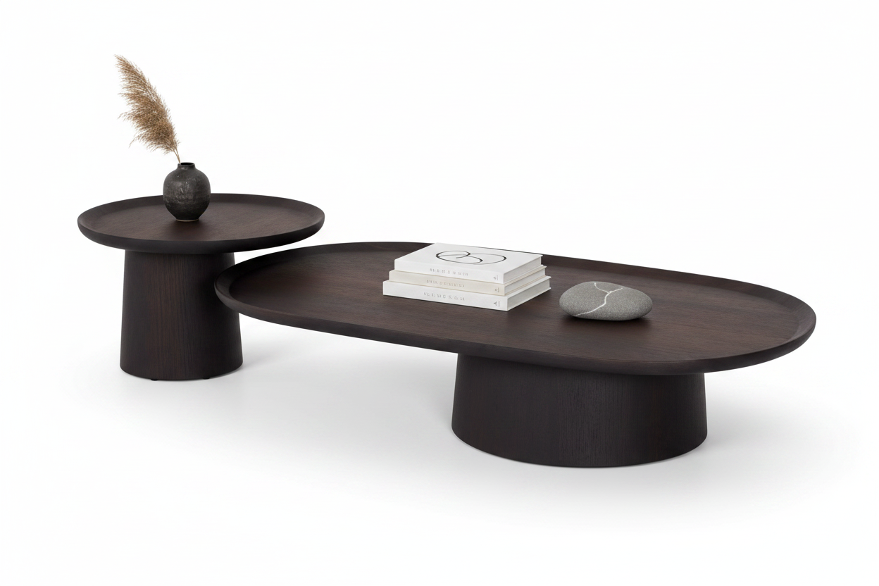 Fungō Oval and Round Coffee Table Set styled with accessories