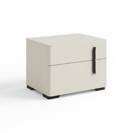 Top view of off-white cream matte bedside table with drawer and vertical cabinet door