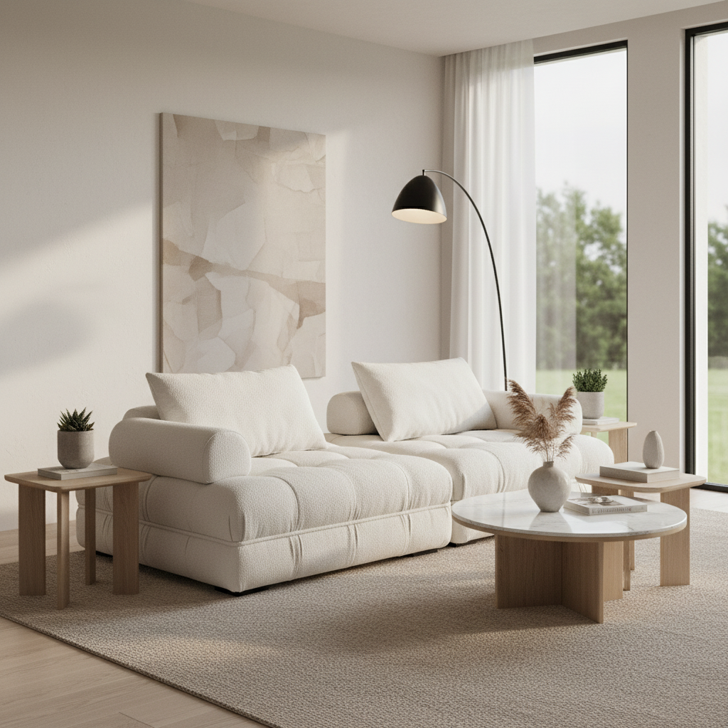 Cream boucle modular sofa styled in a luxury modern living room