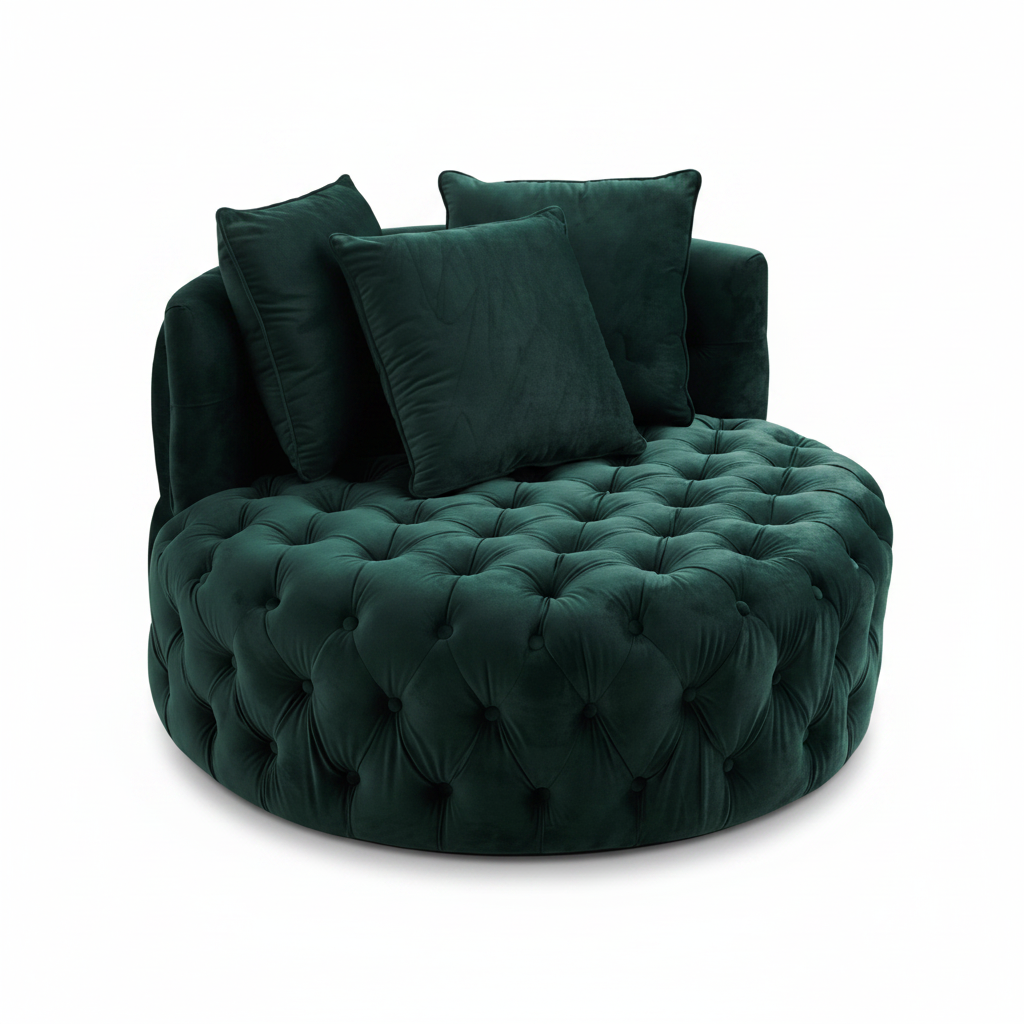 Oversized round button-tufted emerald green velvet loveseat chair with scatter cushions on white background