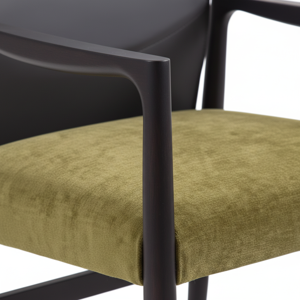 Close-up of the olive velvet seat cushion and espresso wood armrest of the Senato Dining Armchair