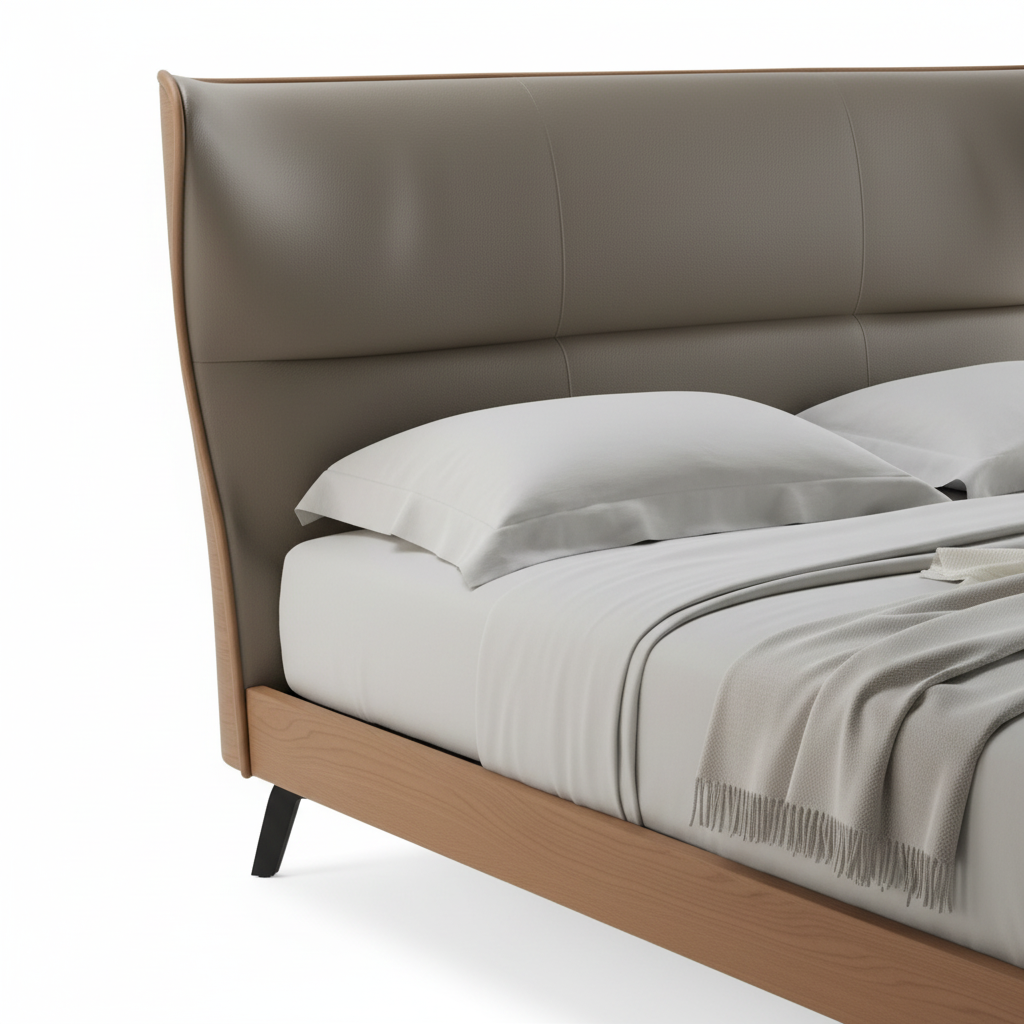 Close-up of Aldora bed winged headboard edge and walnut base detail