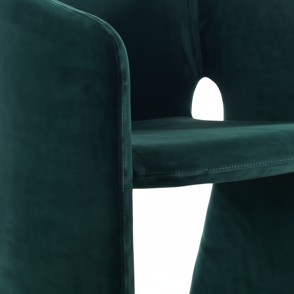 Close-up of the deep forest green velvet pile and keyhole backrest cutout of the Grotto Dining Chair