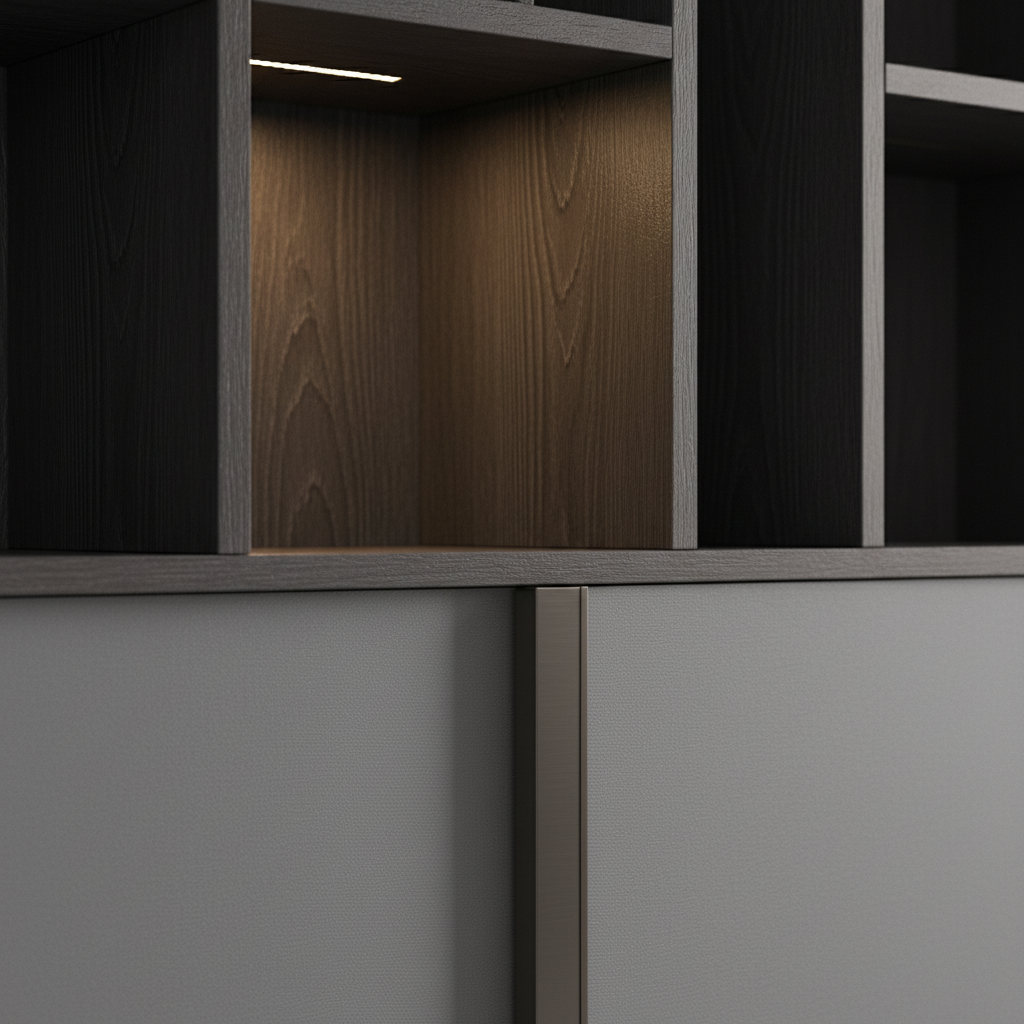 Noctis Display Cabinet close-up of shelf compartments and sliding door panel