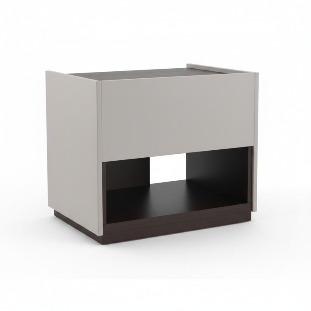 Back view of light grey greige matte bedside table on white background
