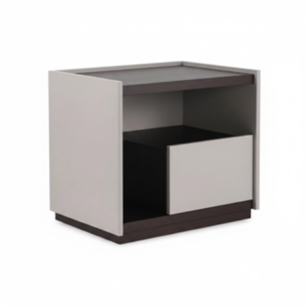 Light grey greige matte bedside table with dark espresso wood open shelf interior and handleless drawer, front view on white background