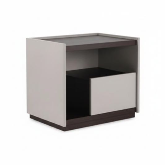 Light grey greige matte bedside table with dark espresso wood open shelf interior and handleless drawer, front view on white background