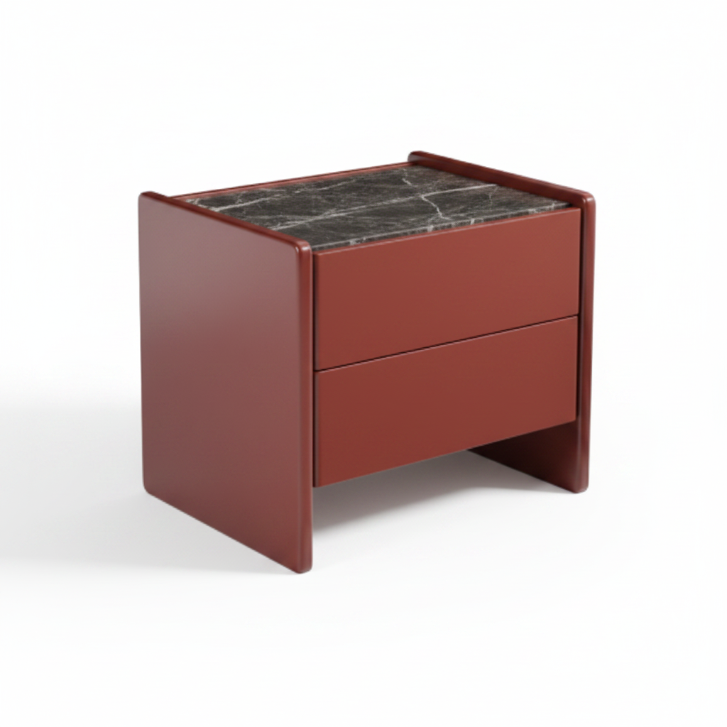 Side view of deep burgundy matte lacquer U-shaped slab bedside table with dark marble top