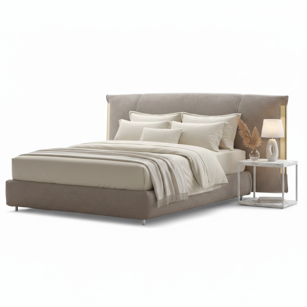 Aurel Bed Frame styled with cream linen, stacked pillows, marble bedside table and ceramic lamp