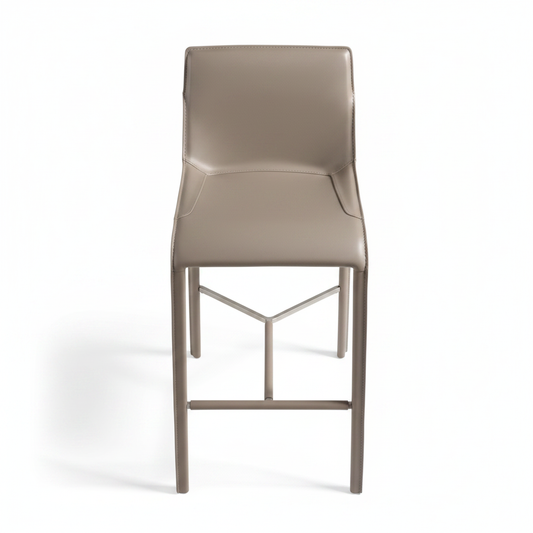 Top view of fully leather-wrapped taupe sculptural bar stool