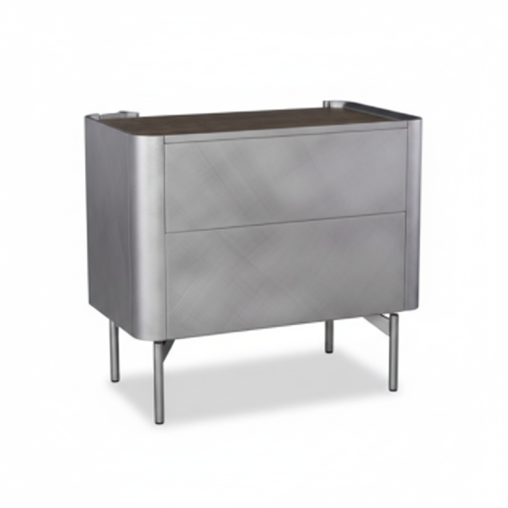 Back view of brushed silver gunmetal stainless steel bedside table on white background