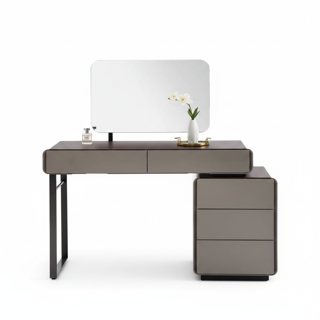 Sable dressing table styled with perfume and orchid accessories