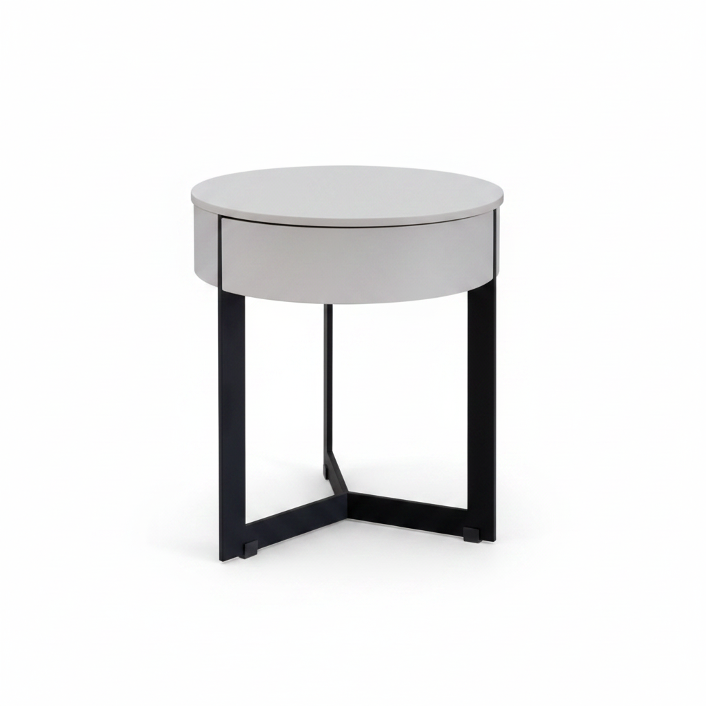 Light grey matte round cylindrical bedside table with one flush drawer on matte black X-cross metal base, front view on white background