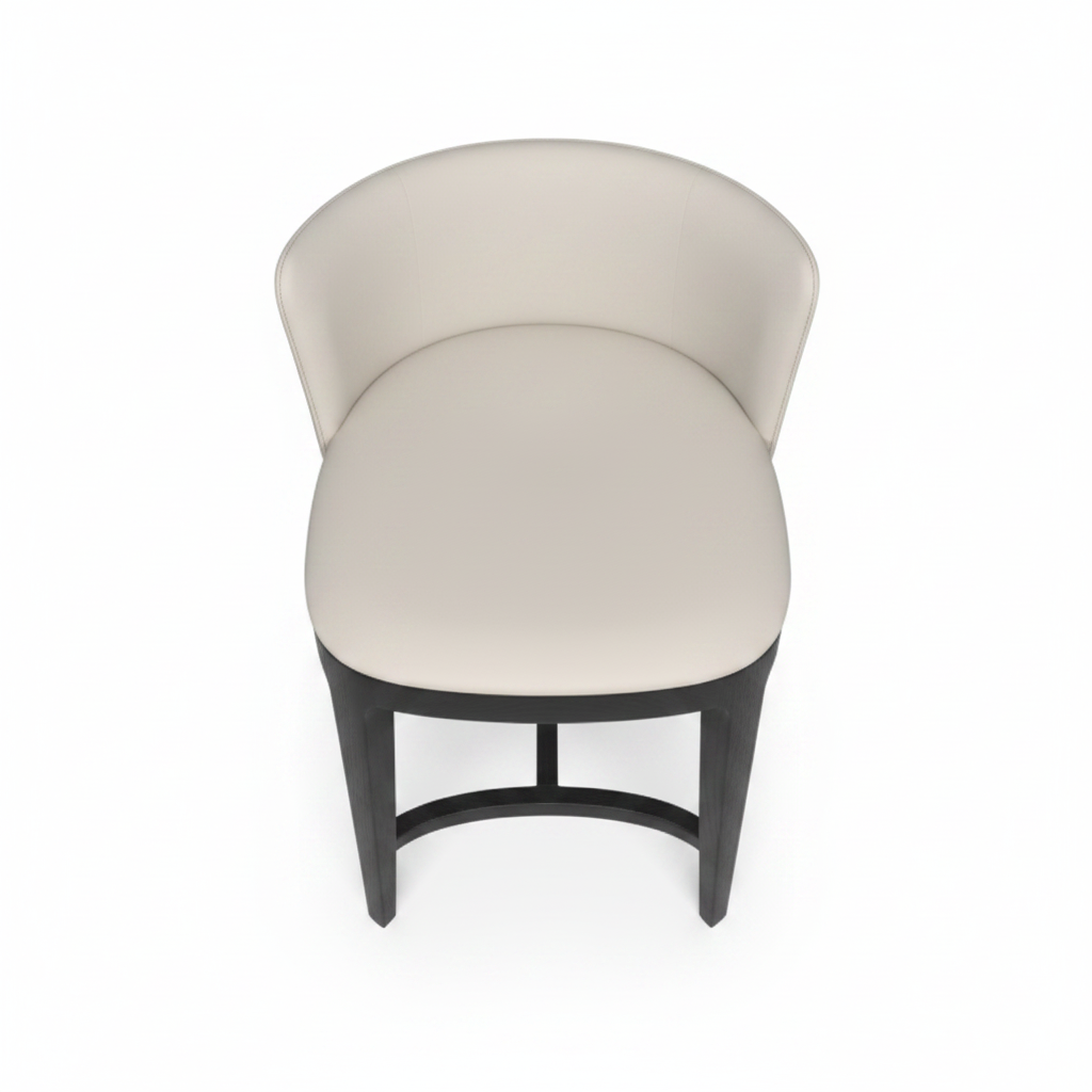Top view of cream leather low-back bar stool with dark espresso wood frame